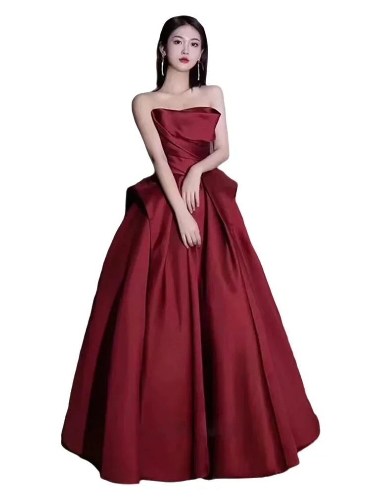 party dresses women evening satin strapless host evening dress female banquet temperament bride toast wine red black prom dress
