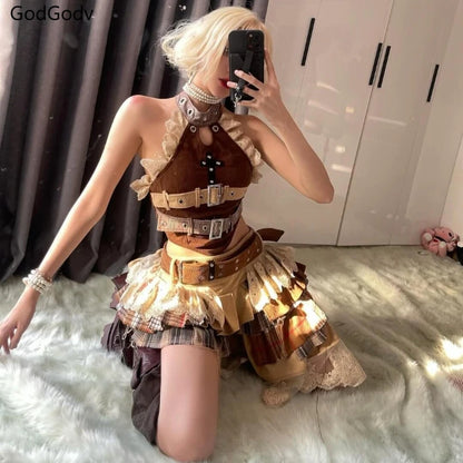 Punk Style Vintage Elegant Y2K Woman 2 Piece Sets Gothic Sleveless Crop Tops +High Waist Ruffle Skirt Female Party Chic Outfits