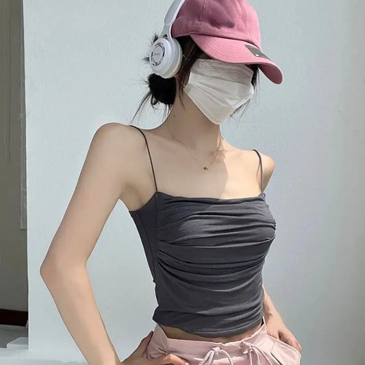 Sexy Tank Tops Y2K Korean Basic Camisole Women Spaghetti Strap Crop Top With Bra Bodycon Sleeveless Cami Tube Top Tees Clothes