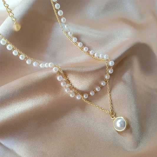 Pearl Dainty Adjustable Double Layer Chain Pendant Necklaces Gold Plated Pearl Tiny Chain Delicate Mother's Valentine Jewelry