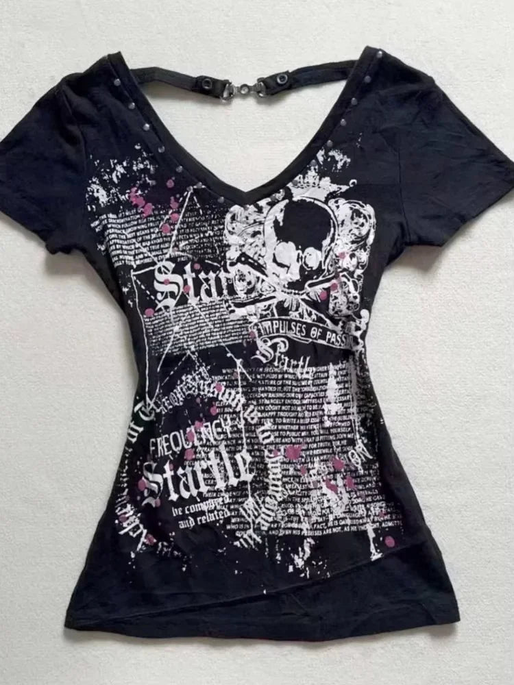 Vintage Clothes Women Print Sexy Punk Streetwear Slim Femme Tees Shirt Gothic Casual Grunge T Shirts 2000s Emo Y2k Crop Top