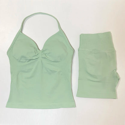2pcs Gym Set Women Backless Tank Top and Scrunch Seamless Yoga Shorts Suits Fitness Yoga Set Activewear Workout Sets Sports Suit
