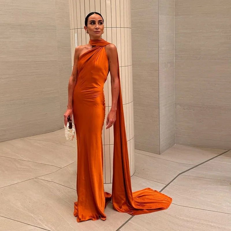 Elegant Satin Ribbon Halter Backless Sleeveless Dress for Women Slim Fit Party Evening Robes Lady Solid Color Autumn Summer 2025