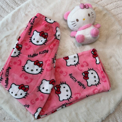 2024 New Sanrio Hello Kitty Kuromi Flannel Pajamas Warm Pants Female Winter Fleece Casual Homewear Pants Leisure Wear Girl Gift