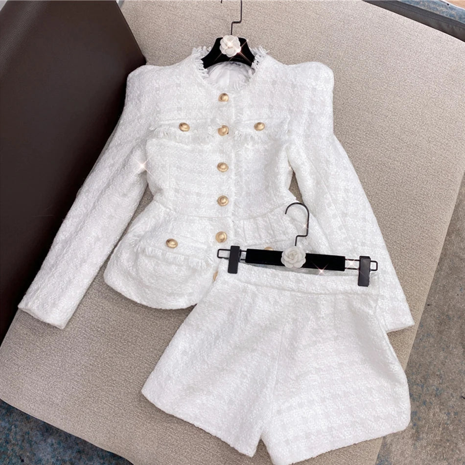 Two-Piece Set Sexy O-Neck Long Sleeve High Quality 2021 New Women's Tweed 2 Single Breasted Jacket And Pants Club Party Set