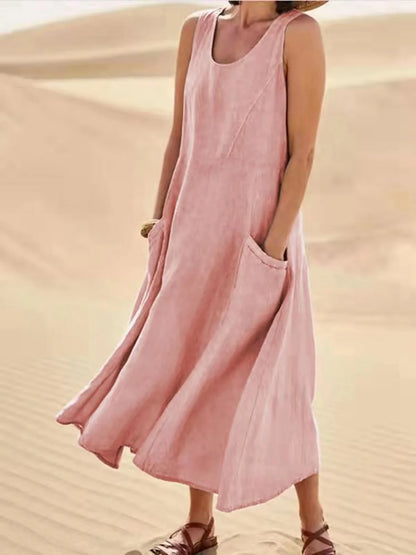 Chic Women Coton Linen Sundress Summer Female Sleeveless Double Big Pocket Loose Sand Beachwear Long Dress Oversized Vestidos