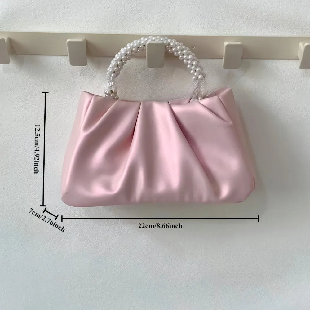 Elegant pink pleated pearl embellished clutch bag - magnetic closure, imitation leather, suitable for weddings and parties