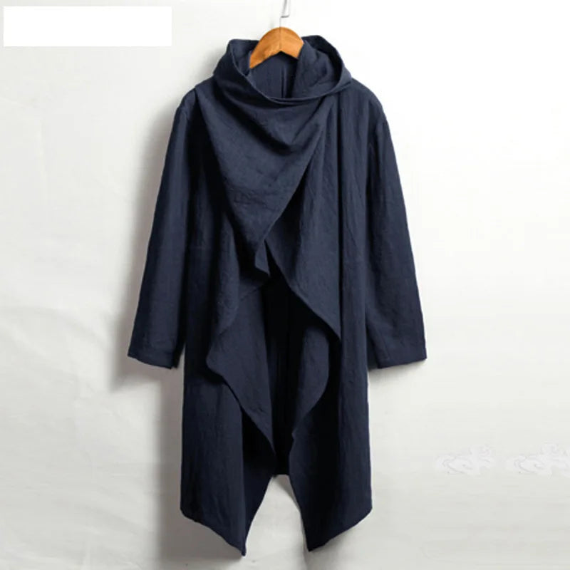 Men's Cotton Linen Cloak Long Irregular Cape Autumn New Long Sleeve Coat