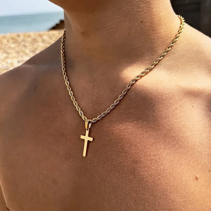 ステンレススチール製クロスペンダントネックレス。メンズ、レディース、ミニマリスト、ゴールドカラージュエリー。男性、女性、ネックレス、チョーカー、ギフト。