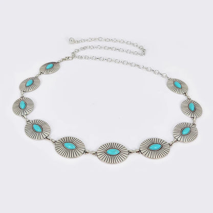 Fashion Silver Bohemian female circular waist chain luxury blue gemstone Ellipse chain belts for women suitable for Skirts dress