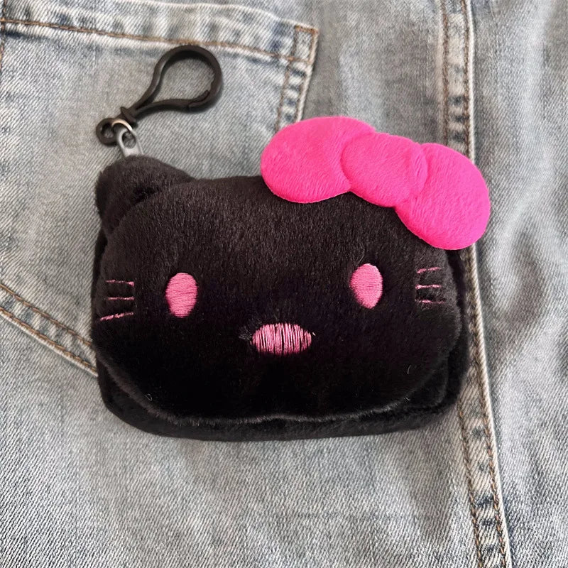 New Fashionable Black Cartoon Cat Plush Wallet Keychain Pendant Cute Girl Heart-Shaped Round Headphone Storage Bag