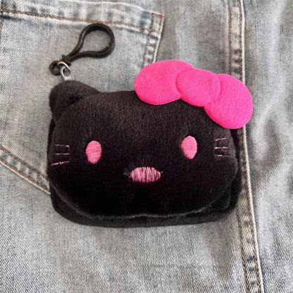 New Fashionable Black Cartoon Cat Plush Wallet Keychain Pendant Cute Girl Heart-Shaped Round Headphone Storage Bag