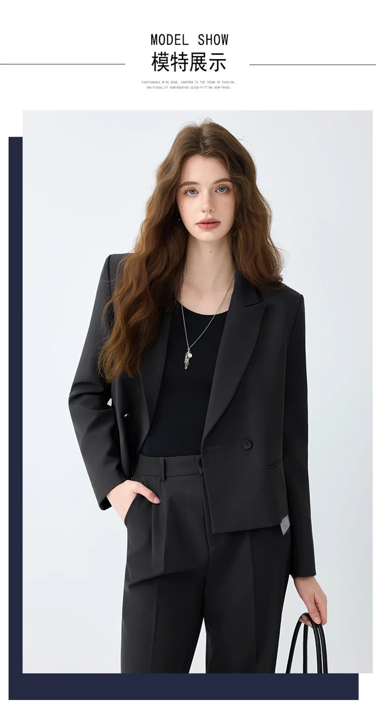 Solid Suits for Women 2025 Spring Fashion Office Ladies Long Sleeve Double Breasted Short Tops Chic Cargo Pant Suits