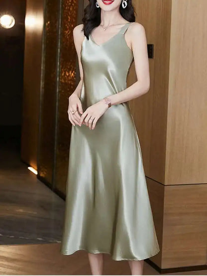 #4930 Sleeveless Spaghetti Straps Midi Satin Dress Women Solid Color V-neck Sexy A-line Party Dresses Women Evening Summer 2025