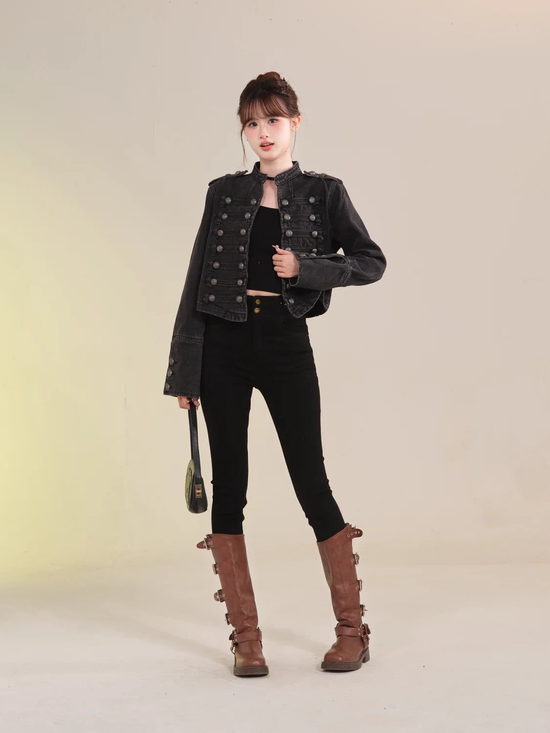 Women's American Retro Denim Military Inspired Cropped Jacket Long Sleeve Stand Collar Casual Motorcycle Coat