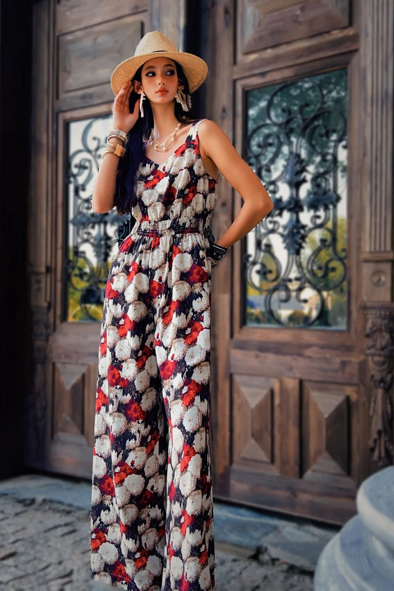 Summer Print Tencel Jumpsuits Women's Clothing Tank Spaghetti Strap+Wide-Leg Pants Draped Full Length Y2K DABUWAWA DM2BJP005