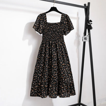 Summer Autumn Fashion Female Short Sleeve Elastic Waist Printed Floral A-line Midi Dress Women Chiffon Dresses Casual Dress