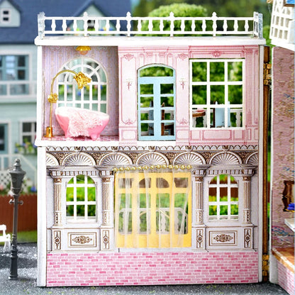 DIYミニ木製ドールハウス 家具付き ライト付き ドールハウス カーサ 組み立てモデル ピンク プリンセス ヴィラ 建築キット おもちゃ 誕生日