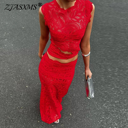 Red Sexy Hook Flower Hollow Lace Set Two Piece Crew Neck Crop Top and Fishtail Skirt Woman Outfit Spring Summer Slim Ladies Suit