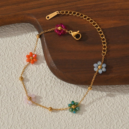 Freeteeme Fashion Colorful Flower Bracelet for Women Girls Stainless Steel Jewelry Gold Color Beads Chain Valentine's Day Gift