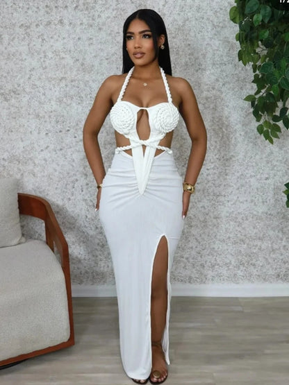 Beyprern Women's Cut-Out Ruched Maxi Dress Orange Sexy Halter Neck Backless High Slit Bandage Party Dresses Birthday Outfits