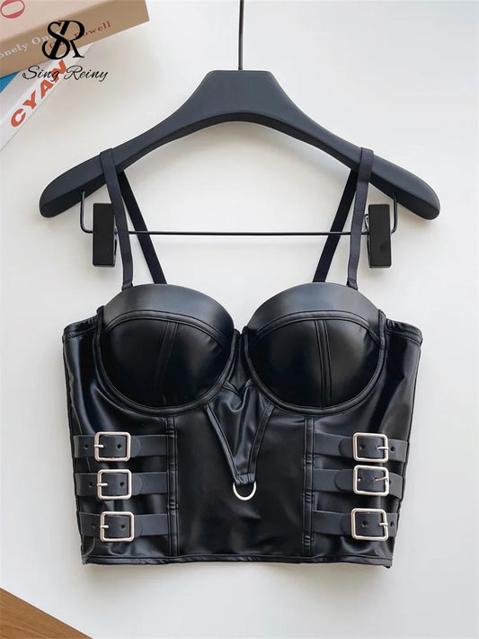 SINGREINY Sexy Cool Girl PU Leather Camis 2025 Fashion Black Backless Straps Tank Women American Retro Clubwear Slim Crop Tops