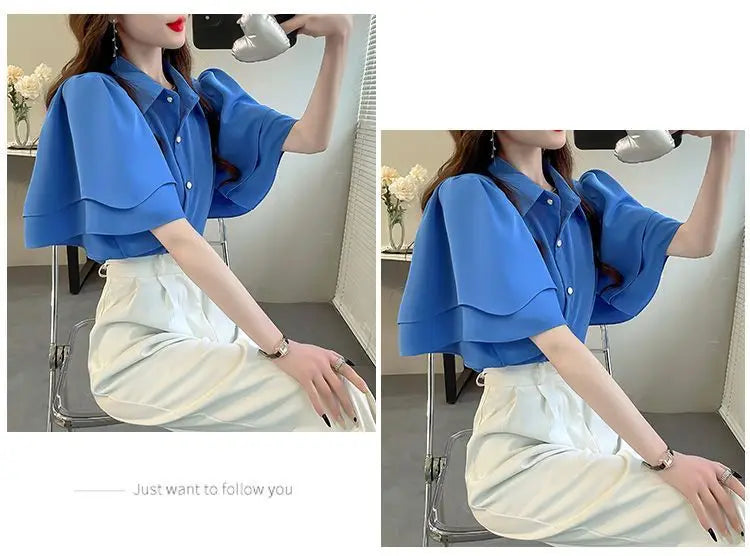 French Lady's Summer Loose Shirt Women's New Loose Blouse Solid Color Ruffle Short Sleeve Chiffon Top
