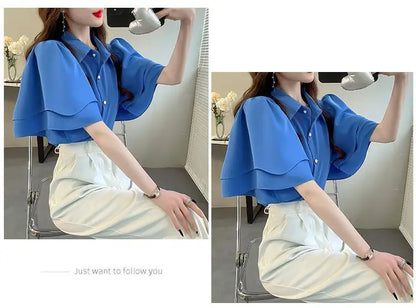 French Lady's Summer Loose Shirt Women's New Loose Blouse Solid Color Ruffle Short Sleeve Chiffon Top