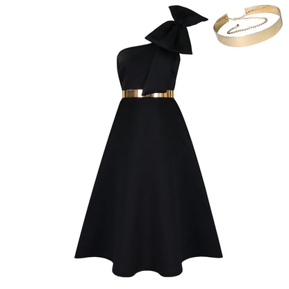 French One Shoulder A Line Pleated Birthday Party Dresses Women Bow Sleeveless Belt Large Skirt Elegant Women's Party Dress