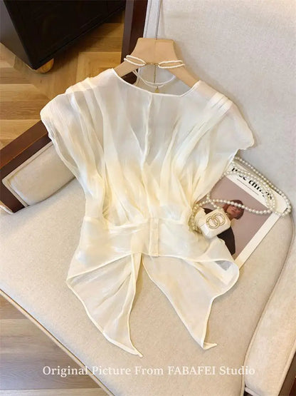 French Cross V-Neck Chiffon Blouse Women's Summer Premium Linen Sleeveless Irregular Tulle Top