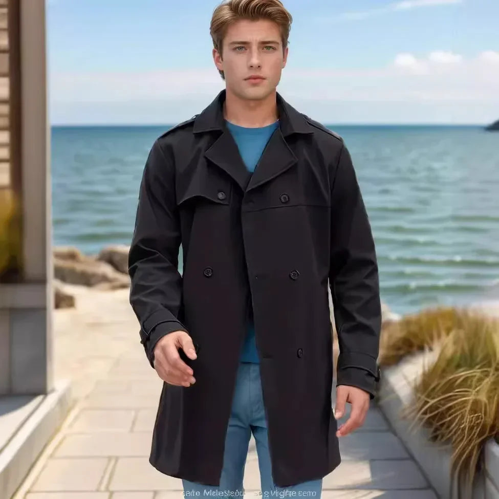 European and American Men's Lapel Slim Fit Double-Breasted Casual Coat Spring and Autumn Solid Color Long Sleeve Windbreaker