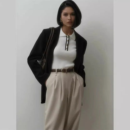 Knit Sweater Pullover Women Short Sleeve Patchwork Slim Lapel Elegant Contrast Knitwear Top Female Skinny Ribbed Pullover