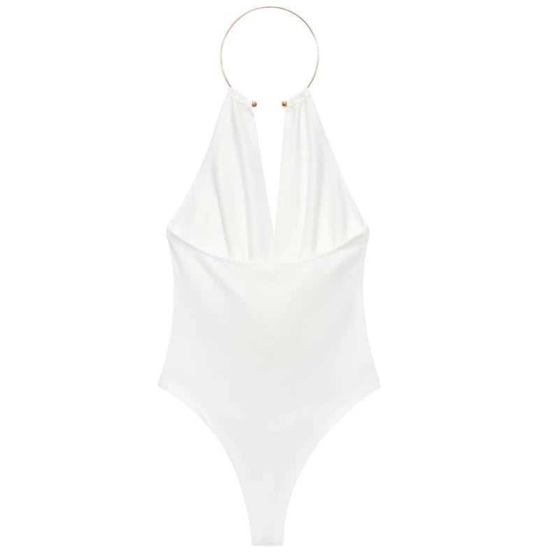 HXAO Halter Neck Bodysuits Sexy Summer Off Shoulder Bodysuit Women Brown Top Ruched Ring Backless Thong Bodysuit Woman One Piece