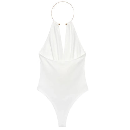 HXAO Halter Neck Bodysuits Sexy Summer Off Shoulder Bodysuit Women Brown Top Ruched Ring Backless Thong Bodysuit Woman One Piece