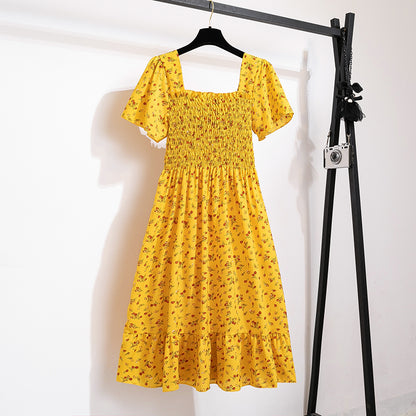 Summer Autumn Fashion Female Short Sleeve Elastic Waist Printed Floral A-line Midi Dress Women Chiffon Dresses Casual Dress
