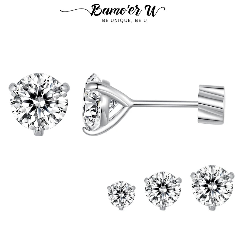 Bamoer U 1CT Moissanite Stud Earrings Round Cut Lab Diamond Platinum Plated Earrings for Women Wedding Minimalist Gift S925