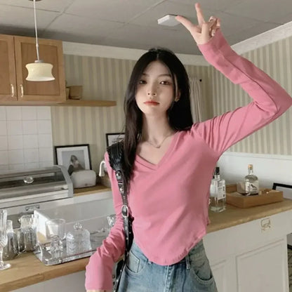 Black Clothing 2024 Top for Women Brown Woman T-shirt Sexy V Neck Tshirt Goth Old Aesthetic Causal 2000s Korea Stylish Kpop Tee