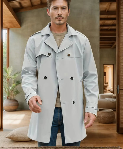 European and American Men's Lapel Slim Fit Double-Breasted Casual Coat Spring and Autumn Solid Color Long Sleeve Windbreaker