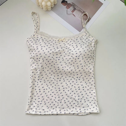 Summer Print Crop Tops for Women Bow Lace Camisole Sexy Backless Vest with Padded Basic Tank Top Bm Style Camis Y2k Streetwear