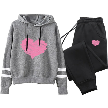 Cute Heart Printed Hoodies Sweatpants Woman Daily Casual Sports Jogging Suit Home Outdoor Comfort Warm Outfit Women's Clothes