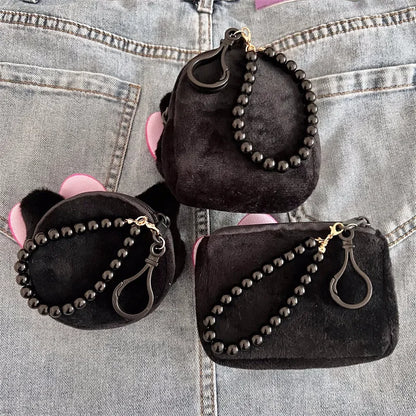 New Fashionable Black Cartoon Cat Plush Wallet Keychain Pendant Cute Girl Heart-Shaped Round Headphone Storage Bag