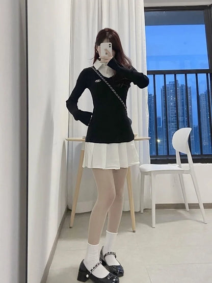 レディースポロカラー プリーツミニワンピース 春秋 ヴィンテージ プレッピースタイル シャツワンピース スリムフィット 長袖 韓国風