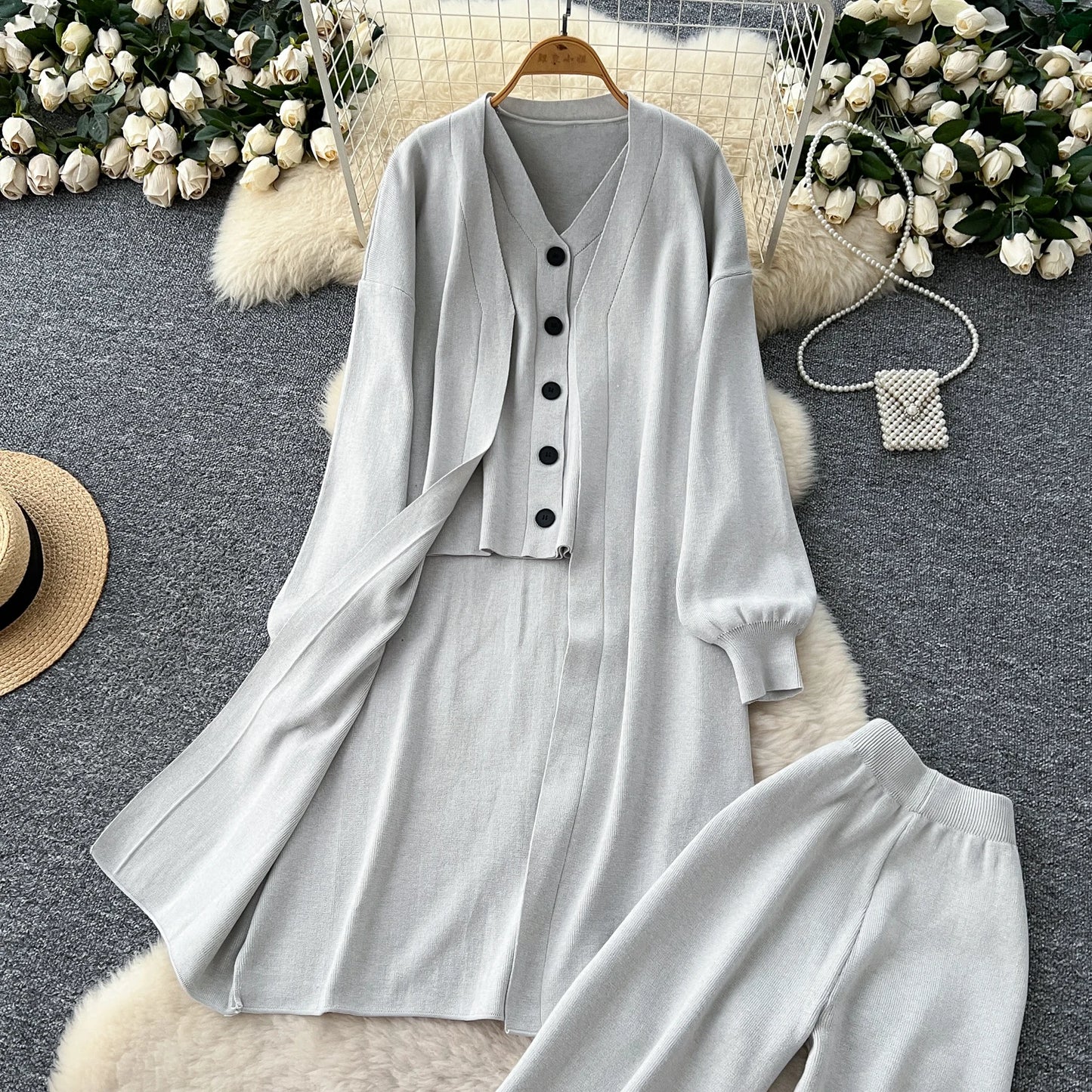 SINGREINY Autumn Knitted Warm Suits V Neck Buttons Vest+Full Sleeve Long Cardigans+Wide Legs Pants Women Solid Three Pieces Sets