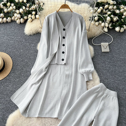SINGREINY Autumn Knitted Warm Suits V Neck Buttons Vest+Full Sleeve Long Cardigans+Wide Legs Pants Women Solid Three Pieces Sets