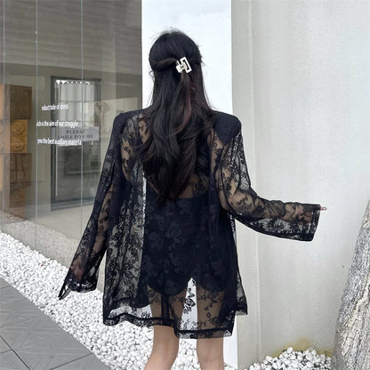 Women Clothing Summer Thin Jackets 2025 Ropa Mujer Patchwork Lace Temperament Coat Sexy Y2k Tops See Through Oversized Outwear