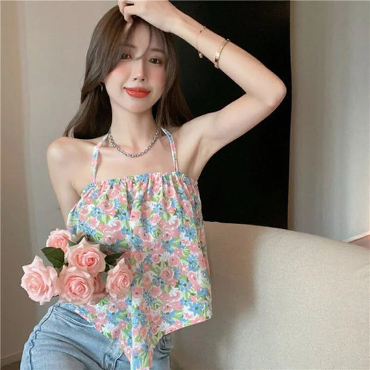 Sexy Backless Halter Tank Women Korean Floral Sweet Fashion Summer Beach Cool Crop Top Pretty Style Female Harajuku Clothes