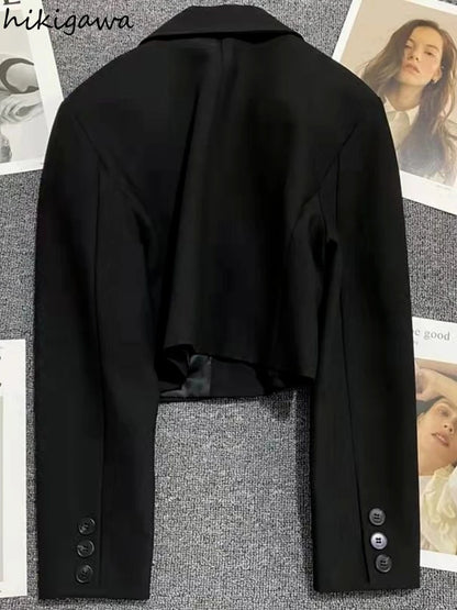 エレガントなブラックブレザー、ファッションクロップトップ、2025年ジャケット、レディース服、カジュアルブレザー、女性用ベスト、ゆったりとした長袖コート