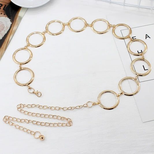 Simple Alloy Large Round Ring Waist Belt Fringes Ring Waist Chain Women Circle Metal Chain Belt Geometric Long Hollow Waistband