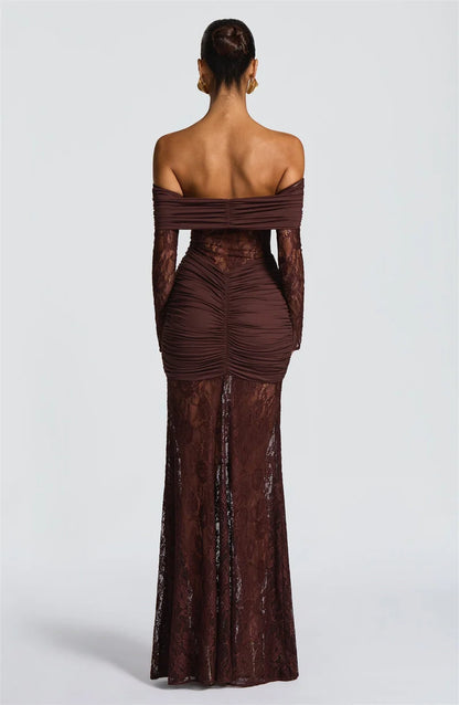Mozision Off-shoulder Long Sleeve Sexy Maxi Dress Women Fashion Lace See Through Strapless Backless Bodycon Club Party Dresses