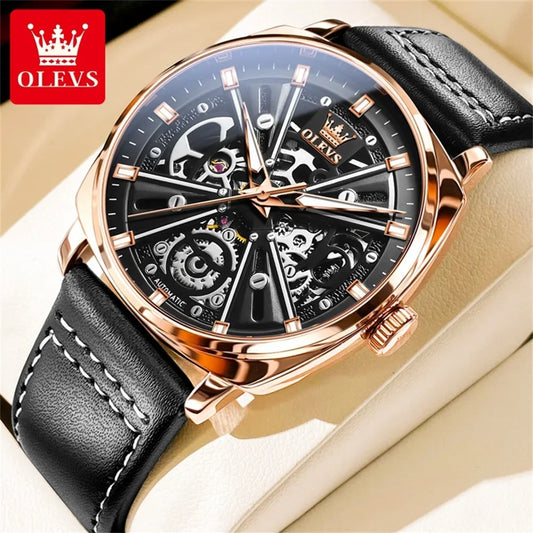 OLEVS Mens Watch Automatic Mechanical Watch Business Leather Strap Tourbillon Watch for Men Waterproof Luminous Wristwatch Clock